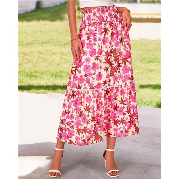 Women Floral Long Skirts Casual Elastic High Waist Pleated Swing A Line Boho - Picture 2 of 7